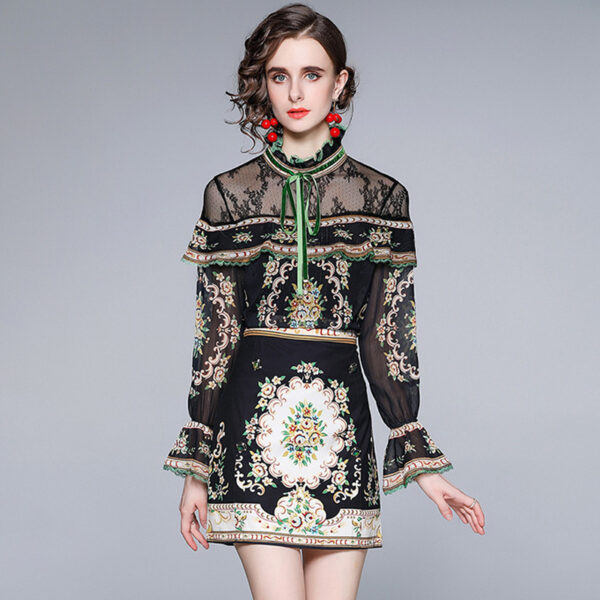 Stand Collar Bow Print Long Sleeve Chiffon Shirt Hip Skirt Two Piece Set - Image 5