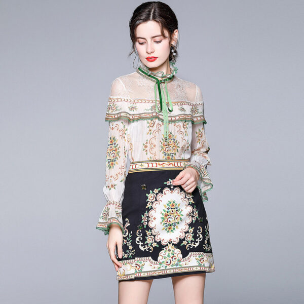 Stand Collar Bow Print Long Sleeve Chiffon Shirt Hip Skirt Two Piece Set - Image 4