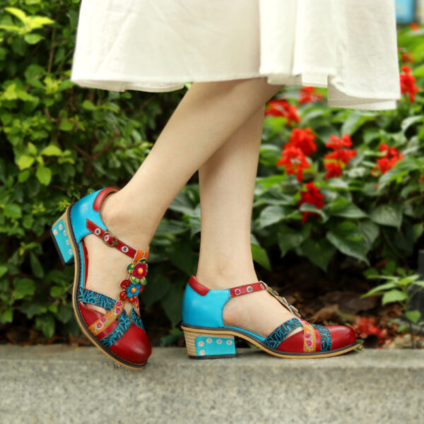 Retro Contrast Color Striped Velcro Chunky Heel Round-toe Sandles