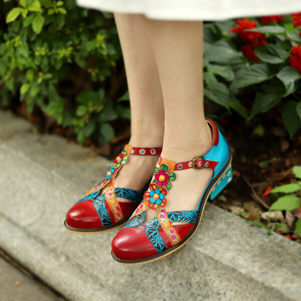 Retro Contrast Color Striped Velcro Chunky Heel Round-toe Sandles - Image 4